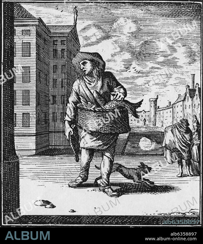 Handel / Straßenhandel:. "Der Fischtrager". (Fischverkäufer). Kupferstich von Christoph Weigel (1654-1725). Aus der Serie der für das Ständebuch 1698 geplanten, jedoch nicht aufgenommenen Berufsdarstellungen. Aus: Abraham a Sancta Clara, Etwas für Alle, Würzburg (Hiob Hertz) 1699-1711.