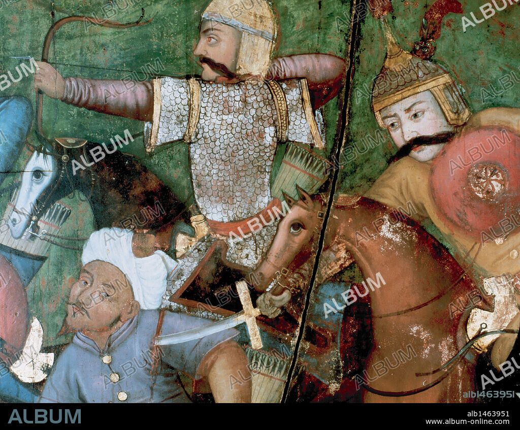 Abbas I the Great (1571-1629). Shah of the Safavid dynasty. Persian cavalry soldiers led by Shah Abbas I 'The Great' fighting against the Turks. Fresco. Detail. 17th century. Sutun Chihil Palace. Isfahan. Iran.