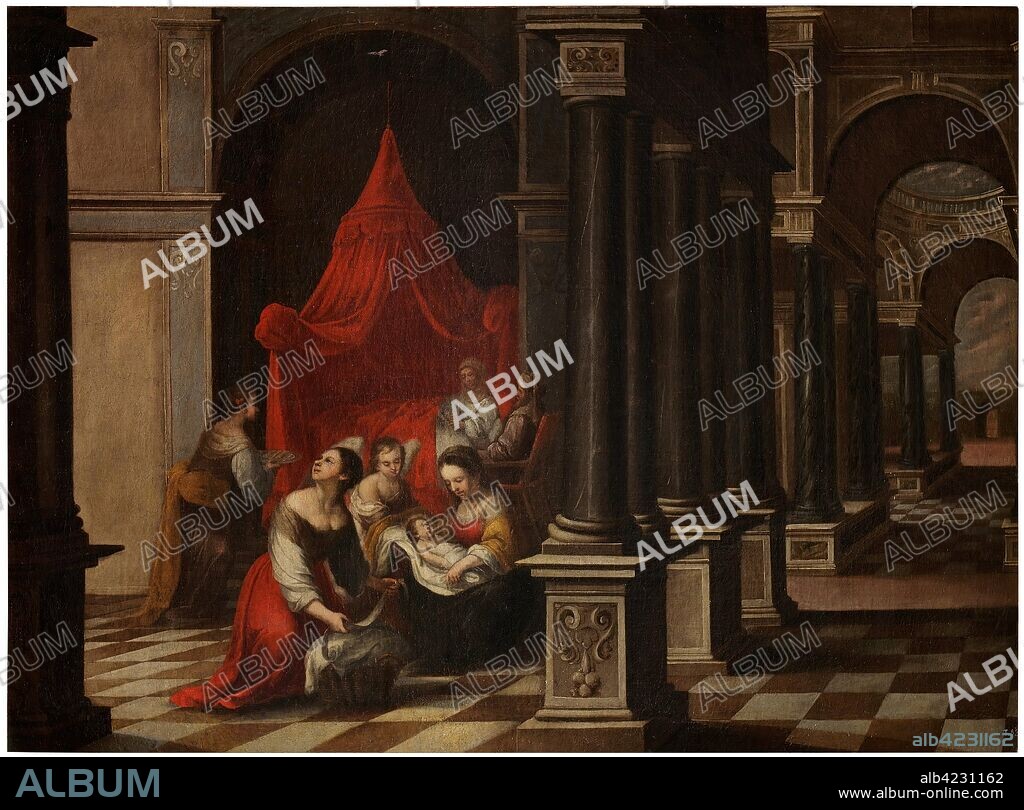 JUAN GARCÍA DE MIRANDA. Juan García de Miranda / 'La Natividad de la Virgen'. Finales del siglo XVII - Principio del siglo XVIII. Óleo sobre lienzo, 118 x 166 cm.