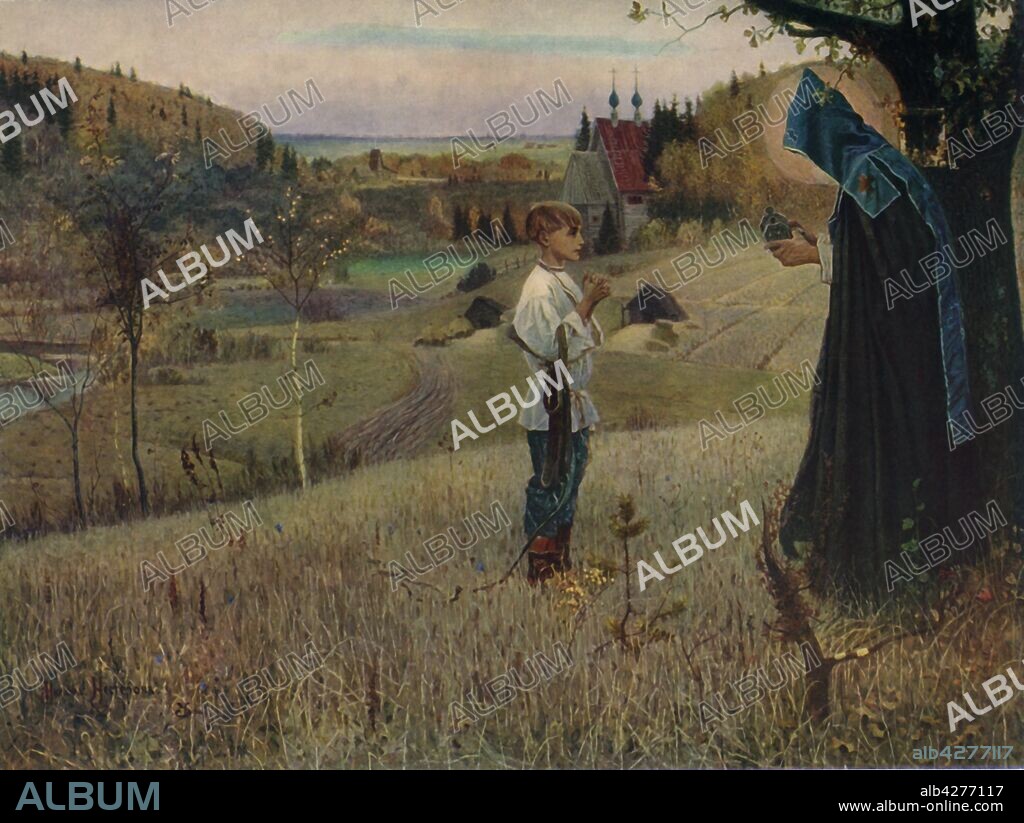 MIKHAIL NESTEROV. 'The Child Bartholomew's Dream', 1889-1890, (1965). Scene depicting an episode from the life of the Venerable St Sergius of Radonezh (c1321-1391), baptised Bartholomew (or Varfolomei). Here a monk helps him learn to read after they share a piece of holy bread. Painting, also known as 'The Vision of the Young Bartholomew', in the State Tretyakov Gallery, Moscow. From "Russian Painting of the 18th and 19th Centuries" by Vladimir Fiala. [Artia, Czechoslovakia, 1965].