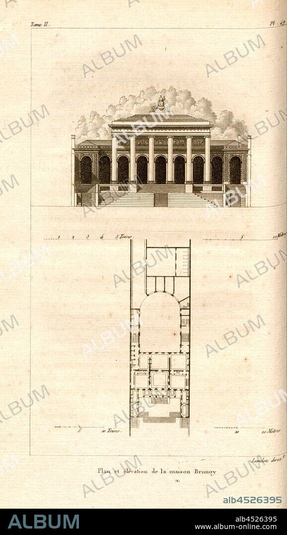 Plan and elevation of Brunoy house, Facade and floor plan Hôtel de Brunoy in Paris, Pl. 49, after p. 204, p. 305, Landon (direxit), J. G. Legrand; C. P. Landon: Description de Paris et de ses édifices: avec un précis historique et des observations sur le caractère de leur architecture, et sur les principaux objets d'art et de curiosité qu'ils renferment. Seconde édition, corrigée avec soin dans toutes ses Parties, et considérablement augmentée. Bd. 2. Paris. Strasbourg. Treuttel et Würtz, 1818.