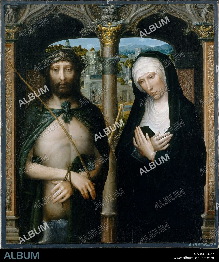 Christ Crowned with Thorns (Ecce Homo), and the Mourning Virgin. Artist: Adriaen Isenbrant (Netherlandish, active by 1510-died 1551 Bruges). Dimensions: 41 1/2 x 36 1/2 in. (105.4 x 92.7 cm). Date: ca. 1530-40.
In this austere and haunting image, Christ is depicted in the form of an Ecce Homo--presented to the people of Jerusalem by Pilate, the Roman prefect of Jerusalem, prior to being led off to be crucified. He wears a crown of thorns and on his exposed torso bears the wounds from his flagellation. The hostile crowd, however, is omitted. Seen up close, in half-length and nearly life-size, Christ and his mother have been isolated for devotional contemplation. They are presented directly to the viewer, who becomes Christ's judge as well as a participant in the Virgin's grief.