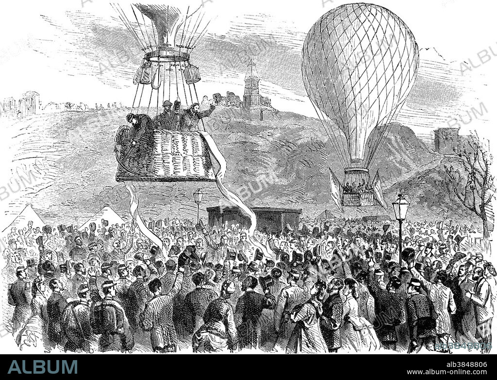 Léon Gambetta, 1838 -1882, a French statesman of the Third Republic, and others escaping with two hot-air balloons from besieged Paris on 7th October 1870, historic scene from the Franco-German War, 1870 - 1871, between the French Empire and the Kingdom of Prussia
