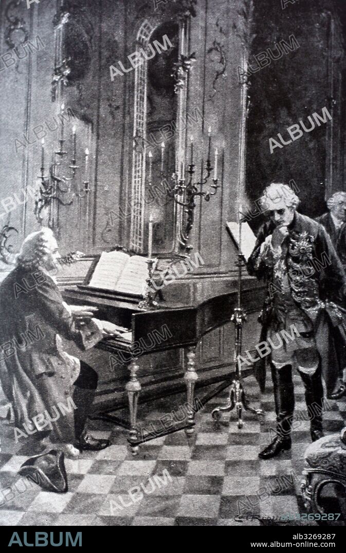 Scene depicting Frederick the Great (1712-1786) King of Prussia, and Johann Sebastian Bach (1685-1750) a German composer and musician of the Baroque period. Dated 18th Century.