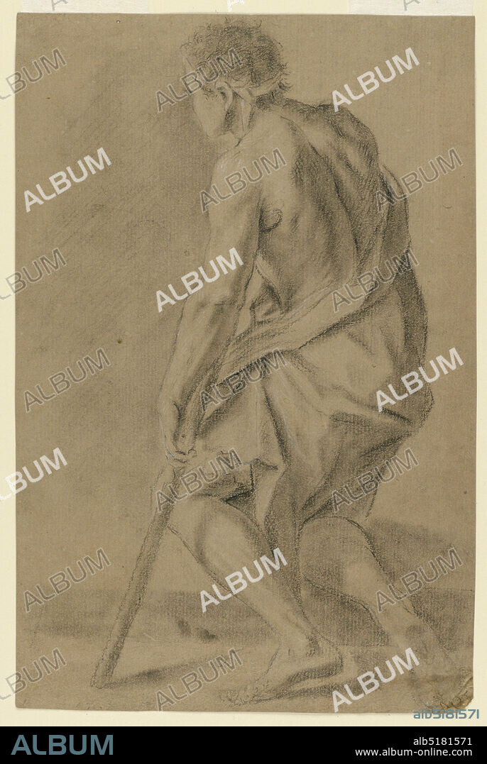 Study: A half-naked man with a crutch, Black and white crayon on brown paper, Vertical composition of a half-naked man with a crutch, shown from the left back, kneeling on his right knee. Reverse: a part of a black crayon study showing a part of an arm., Italy, 17501800, figures, Drawing, Drawing.