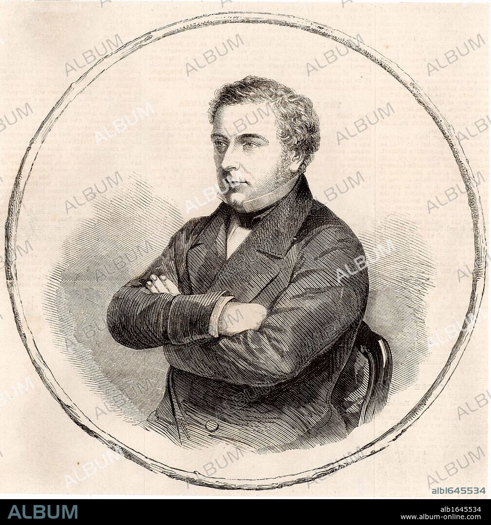 Robert Stephenson (1803-1859) English civil engineer and son of the railway engineer George Stephenson whom he assisted in a number of projects. In 1833 he was appointed chief engineer of the London and Birmingham Railway. Among his famous bridges are the High Level Bridge at Newcastle and the Conway (Conwy) and Britannia innovative box girder bridges. Engraving from "The Illustrated London News" (London, 22 October 1859). (Photo by: Universal History Archive/UIG via Getty Images).