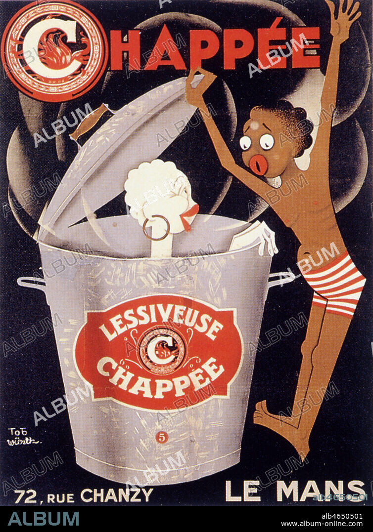 Un homme noir decouvre sa femme devenue blanche a la sortie de la lessiveuse. Publicite vers 1925 pour la lessiveuse Chappee, illustree par Tob WURTK. Credit : Collection KHARBINE-TAPABOR.