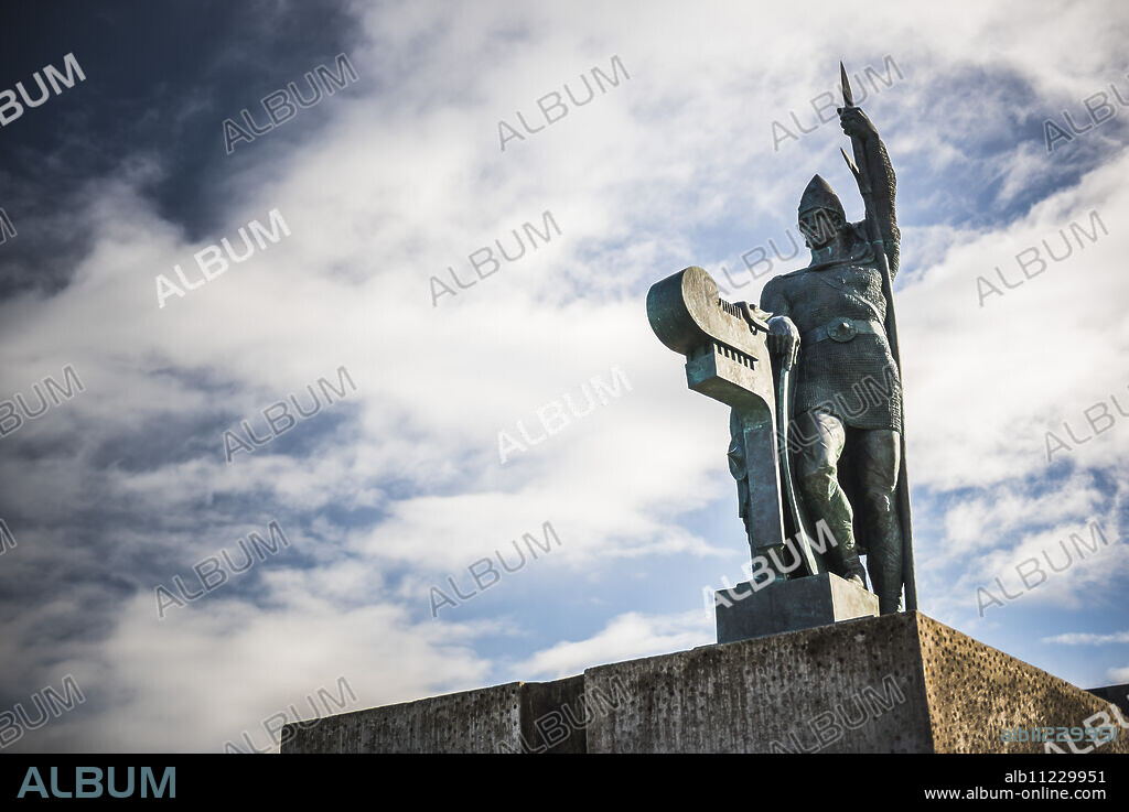 Statue of Ingolfur Arnarson, considered the first settler of Iceland, on Arnarholl Hill in Reykjavik, Iceland, Polar Regions.