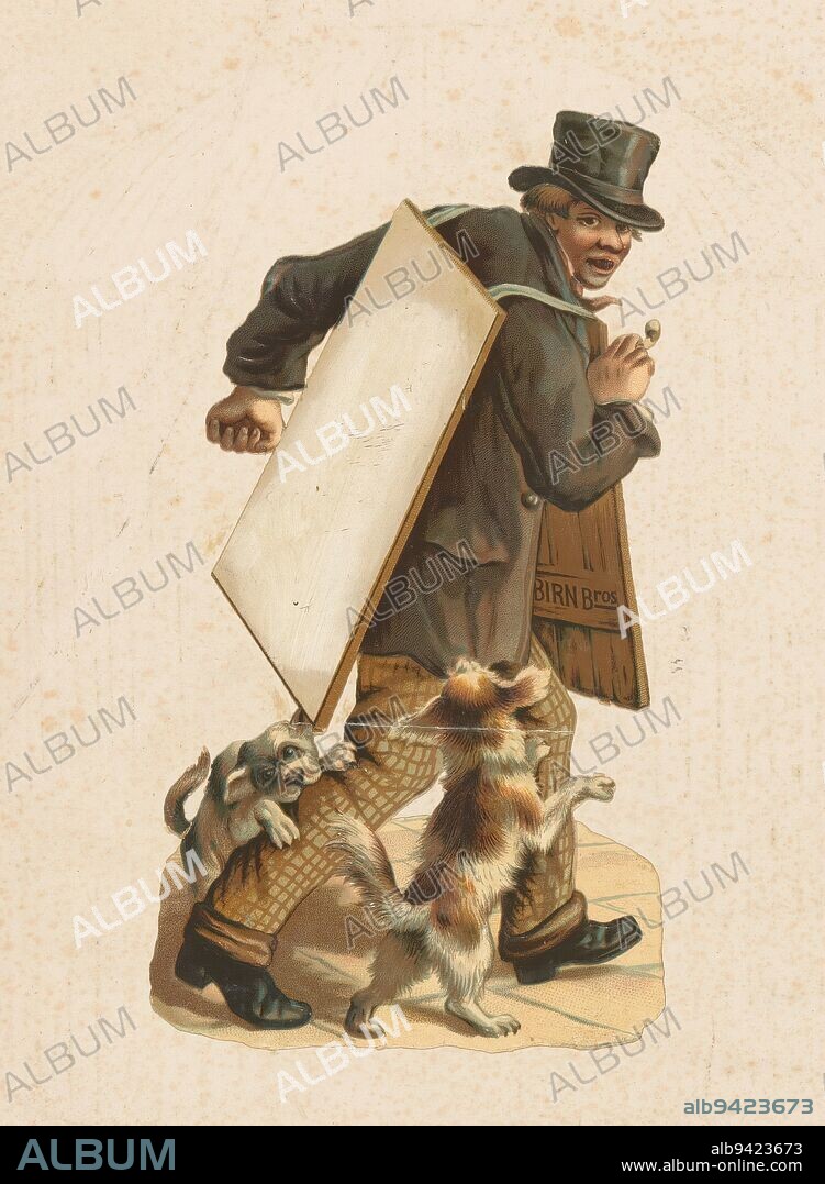 Sandwich man attacked by two dogs, print maker: anonymous, publisher: Birn Brothers, (mentioned on object), London, c. 1850 - c. 1900, paper, height 172 mm × width 95 mm, height 305 mm × width 223 mm.