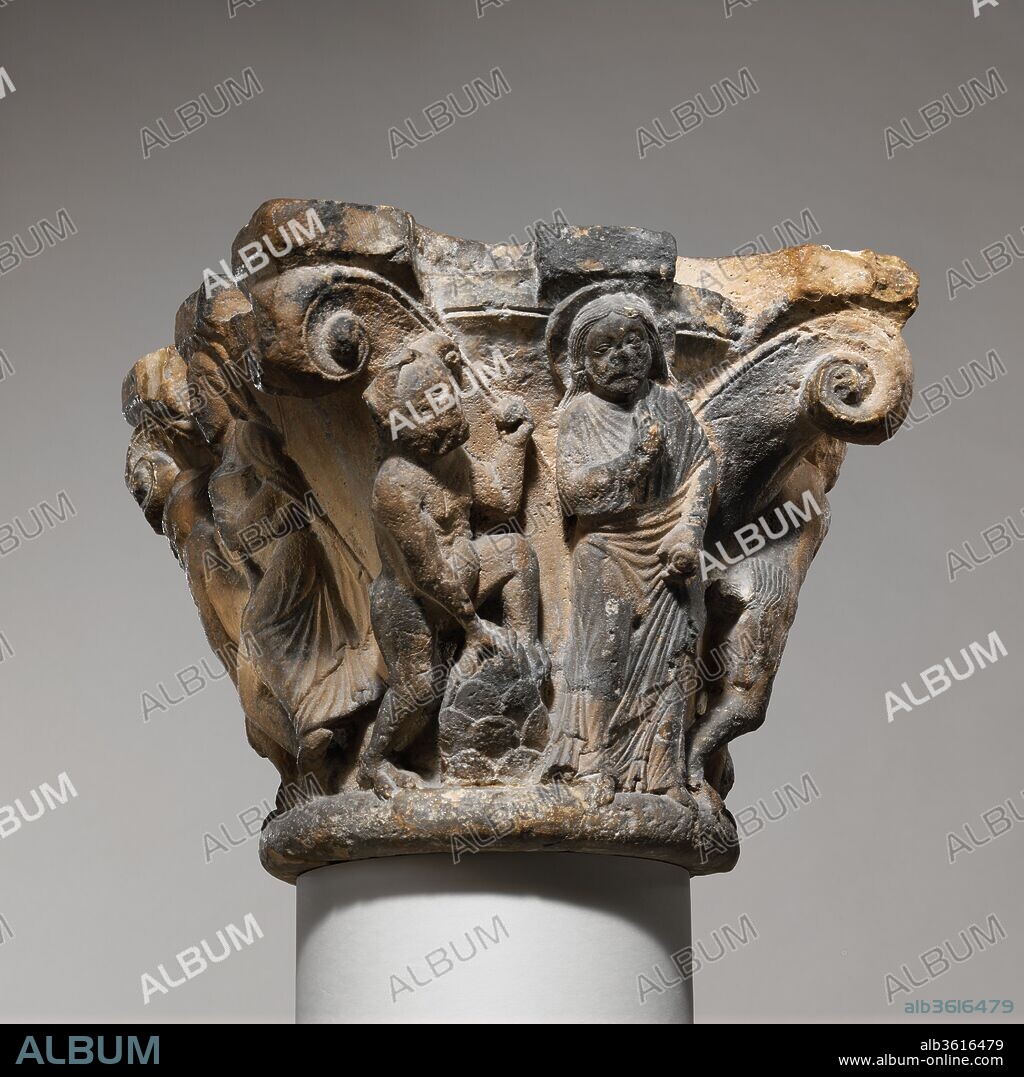 Capital with the Temptation of Jesus. Culture: North French. Dimensions: Overall: 10 5/8 x 11 3/4 x 11 3/4 in. (27 x 29.8 x 29.8 cm)
weight: 76lb. (34.5kg). Date: ca. 1175-1200.
Probably originating from a cloister arcade, this capital depicts the temptations of Jesus. The narrative order is not sequential: the Devil tempts Jesus to change stones into bread; the Devil tempts Jesus with the kingdoms of the world; the Devil carries Jesus on his back to the top of the Temple; the Devil tempts Jesus to cast himself from the top of the Temple. The naturalism of the capital's forms, the antique character of the fluid drapery defining the anatomy of the figures, and the lively narrative quality of the presentation are all hallmarks of the emerging Gothic style.