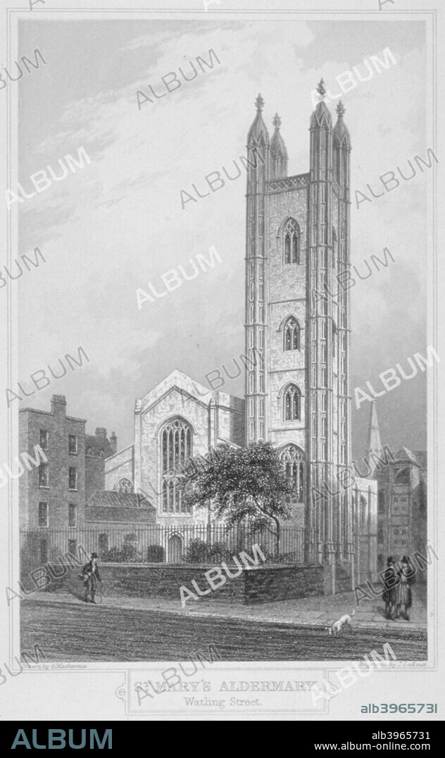 Church of St Mary Aldermary, City of London, 1839. West view of the church from Bow Lane, with figures and a tree in front.