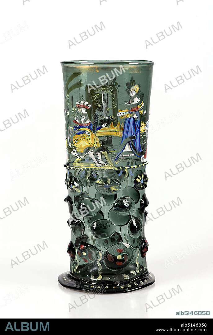 Pole glass with King David and Bathsheba, Glass, painted, Glass with enamel painting, Total: Height: 24,5 cm; Diameter: 10,2 cm, Drinking and tapware, David and Bathsheba, Early Renaissance, This pole glass is a special rarity, because it combines two forms of decoration in a unique way: nubs and enamel painting. The applied nubs, the greenish coloring and the rod shape of the glass are typical of the tradition of the medieval glassworks of the European North. The enamel coloring technique was adopted by the famous Venetian glass artists. The colorful scene depicts the biblical story of King David: He watches the young Bathsheba taking a bath and falls in love with her. This unusual masterpiece has been included in the list of nationally valuable cultural assets.