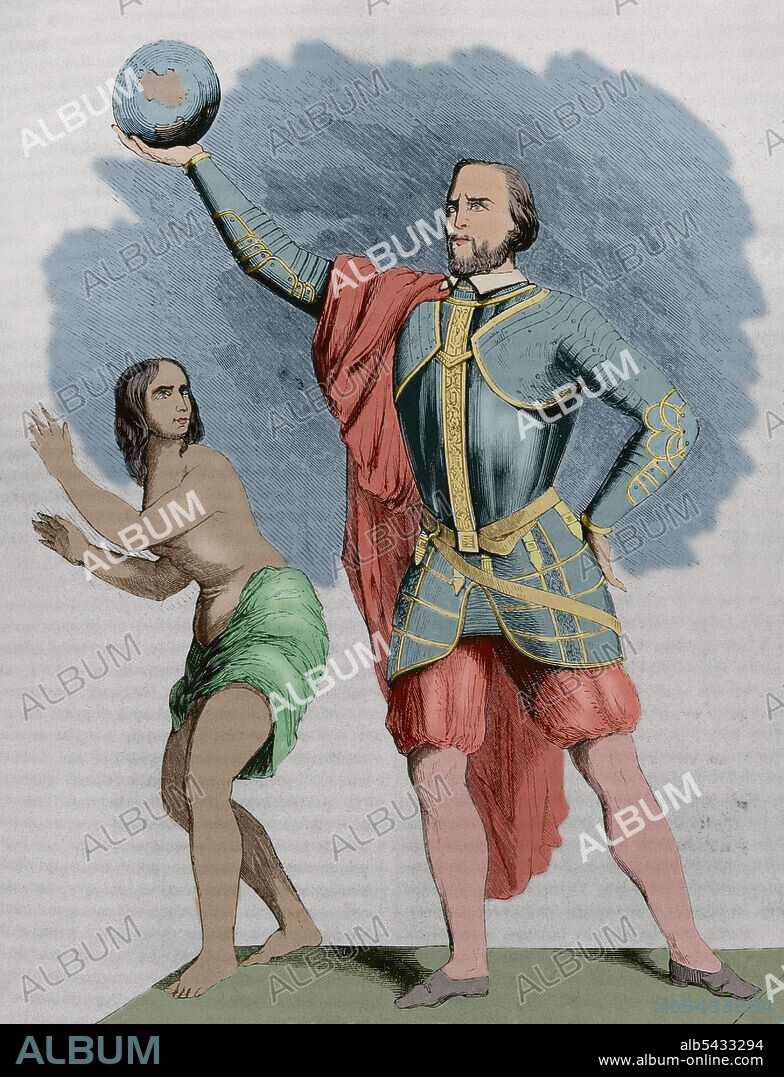 Cristóbal Colón (1451-1506). Navegante, cartógrafo y almirante. Estuvo al servicio de la Corona de Castilla. Descubridor de América en 1492. Grabado alegórico coloreado. Las Glorias Nacionales. Tomo V, edición Madrid-Barcelona, 1853.