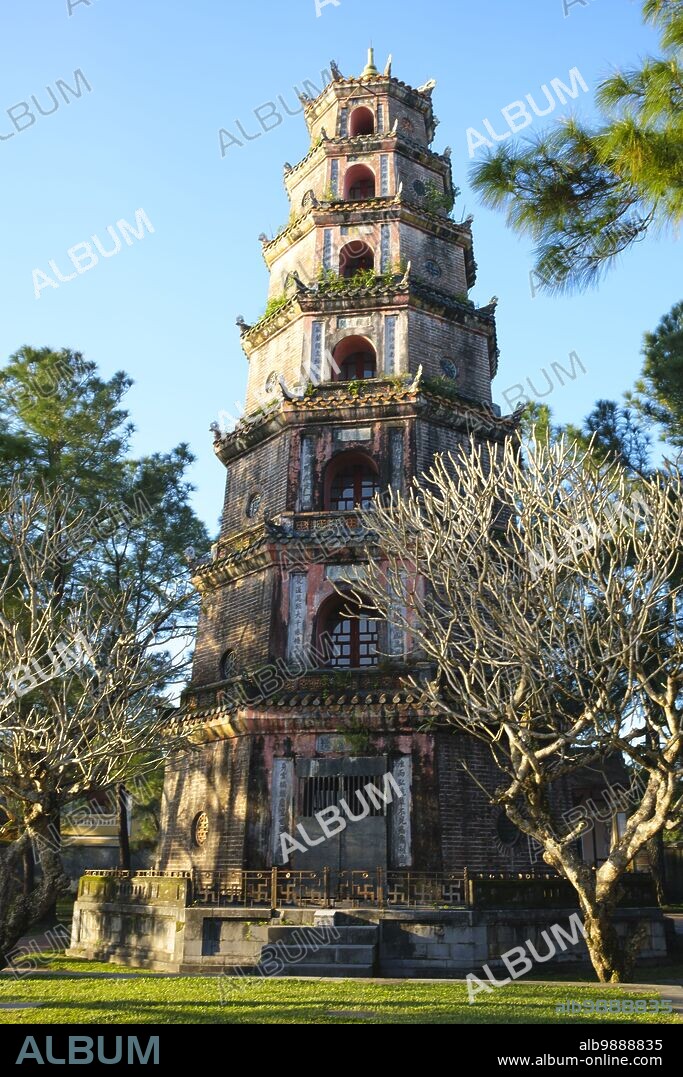 Vietnam: Thien Mu Pagoda, Hue. Thien Mu Pagoda was built in 1601 CE under Nguyen Hoang, the governor of Thuan Hoa province, now known as Hue. Although he swore loyalty to the Le Dynasty in Hanoi, Nguyen Hoang effectively ruled Thuan Hoa as an independent state in central Vietnam. The pagoda has seven storeys and is the tallest in Vietnam, and is often the subject of folk rhymes and poetry about Hue, which was the imperial capital of Vietnam between 1802 and 1945.
