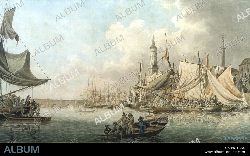 'Billingsgate at High Water', 1792. View with figures in boats on the River Thames.