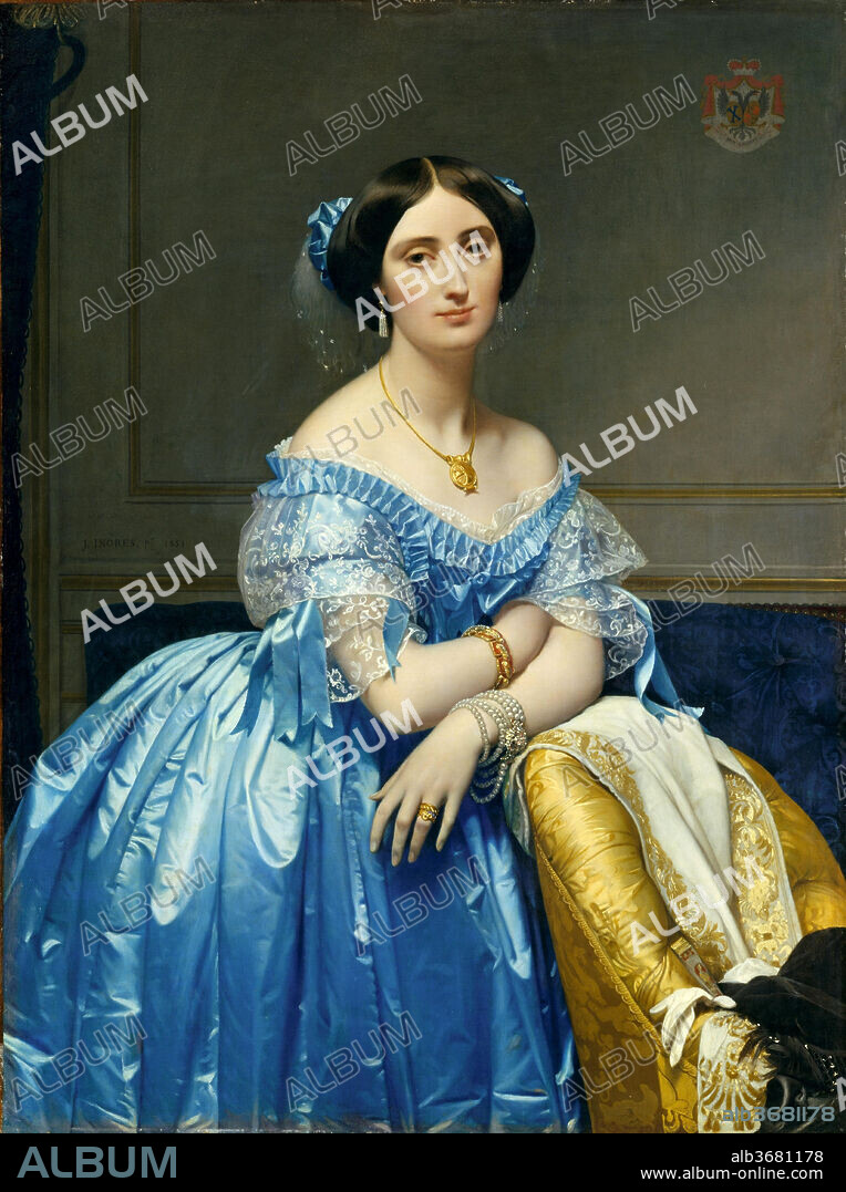 Joséphine-Éléonore-Marie-Pauline de Galard de Brassac de Béarn (1825-1860), Princesse de Broglie. Artist: Jean Auguste Dominique Ingres (French, Montauban 1780-1867 Paris). Dimensions: 47 3/4 x 35 3/4 in. (121.3 x 90.8 cm). Date: 1851-53.
Jean-Auguste-Dominique Ingres, the neo-classical French artist par excellence, painted this masterpiece toward the end of his life when his reputation as a portraitist to prominent citizens and Orléanist aristocrats had been long established. Pauline de Broglie sat for the artist's final commission. Ingres captures the shy reserve of his subject while illuminating through seamless brushwork the material quality of her many fine attributes: her rich blue satin and lace ball gown, the gold embroidered shawl, and silk damask chair, together with finely tooled jewels of pearl, enamel, and gold. The portrait was commissioned by the sitter's husband, Albert de Broglie, a few years after their ill-fated marriage. Pauline was stricken with tuberculosis soon after completion of the exquisite portrait, leaving five sons and a grieving husband. Through Albert's lifetime, it was draped in fabric on the walls of the family residence. The portrait remained in the de Broglie family until shortly before Robert Lehman acquired it.