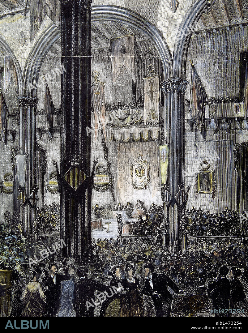 BARCELONA. JUEGOS FLORALES del 1 de mayo de 1870. Grabado coloreado. "La Ilustración Española y Americana".