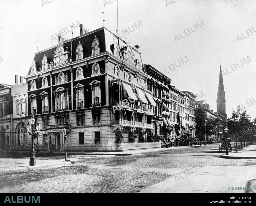 The Jerome Mansion was the home of financier Leonard Jerome, one of the richest and most influential men in NYC, and a frequent business partner of Cornelius Vanderbilt. The mansion was located on the corner of East 26th Street and Madison Avenue, across from Madison Square Park. It was built from 1859- 65. The six-story mansion featured a mansard roof, a 600 seat theatre, a breakfast room which could serve up to 70 people, and a white and gold ballroom with with champagne and cologne fountains. When Jerome moved uptown, the mansion was sold and housed a series of private clubs. On November 23, 1869, the Jerome Mansion was the site of the meeting that founded the Metropolitan Museum of Art. The building was given landmark status in 1965, but when the owner was unable to find a buyer for it after two years, it was permitted to be torn down in 1967, to be replaced by the New York Merchandise Mart. Historic American Buildings Survey, 1877-78.