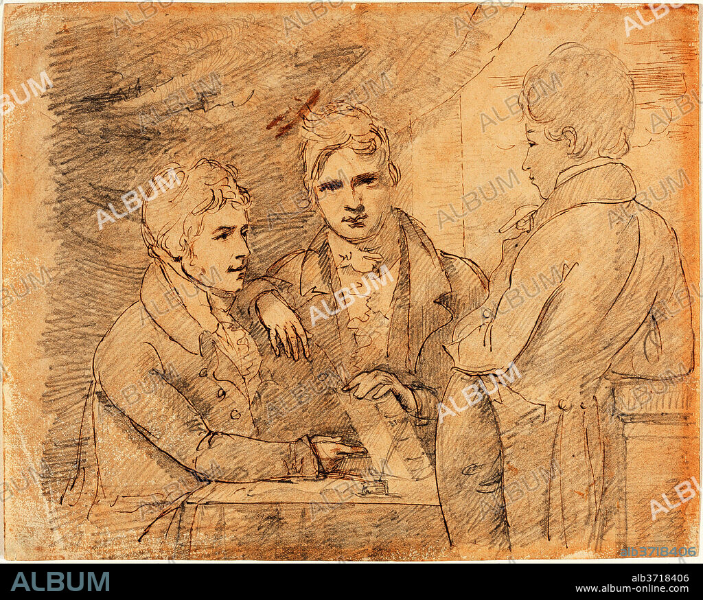 JOHN JACKSON. Young Gentlemen in Conversation. Dimensions: overall: 18.6 x 23.1 cm (7 5/16 x 9 1/8 in.). Medium: pen and brown ink and graphite on wove paper.