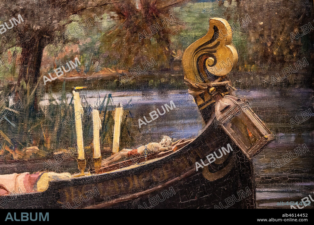 "The Lady of Shalott", 1888 by John William Waterhouse (1849 - 1917); oil painting on canvas. The subject is based on the poem by Alfred Tennyson of the same name. Detail of the boat bow.