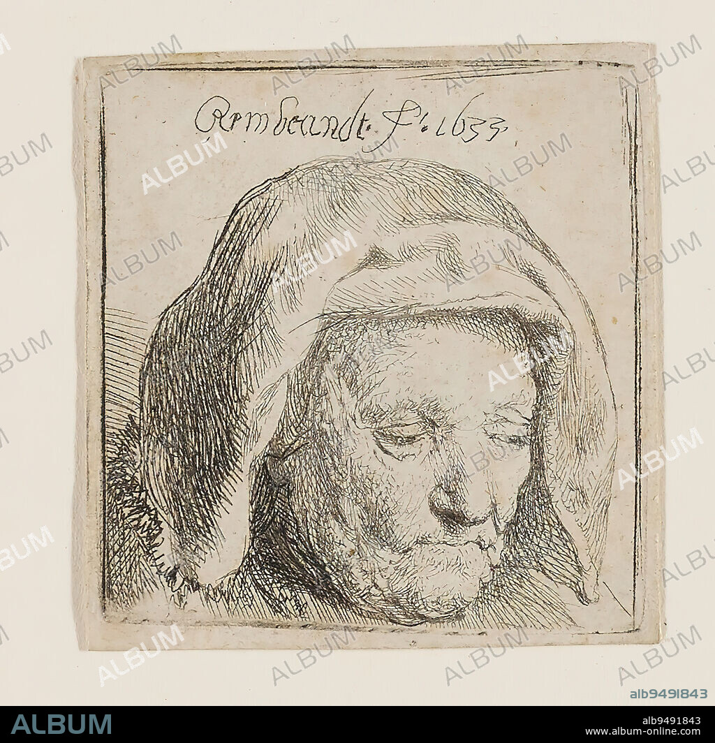 The Artist's Mother in a Cloth Headdress (looking down), 1633, Rembrandt Harmensz. van Rijn, Dutch, 16061669, 1 5/8 x 1 9/16 in. (4.2 x 4 cm) (plate), Etching, Netherlands, 17th century, Deeply wrinkled, careworn faces fascinated Rembrandt, as is evident in his portraits of his mother, who was a cooperative sitter early in his career. (While scholars believe the subject of these prints is Rembrandt's mother, it has never been proved.) He portrayed this model ten times, and she appeared in his colleagues' work, too. In 1633 Rembrandt started signing just his first name to his prints, putting himself in the company of the great one-name Italians-Michelangelo, Leonardo, Titian, and Raphael. Rembrandt's last name came from the site of his great-grandfather's windmill, on the banks of the Rhine (Rijn) River.