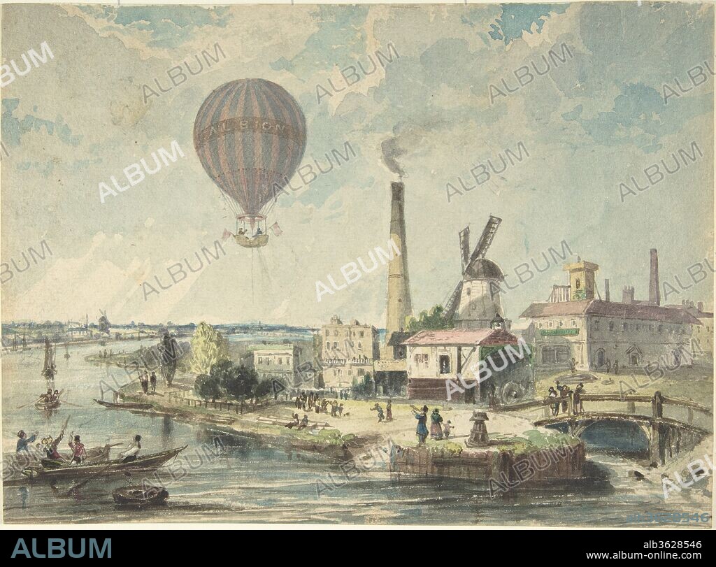 Mr. Green in the Albion Balloon, Having Ascended from Vauxhall Gardens, August 12,1842. Artist: Anonymous, British, 19th century. Dimensions: Sheet: 8 1/2 x 11 1/2 in. (21.6 x 29.2 cm). Subject: Charles Green. Date: ca. 1842.
This drawing shows a balloon flight made by Charles Green, one England's great early aeronauts. His most famous flight had taken place six years earlier, on November 7, 1836, and covered a record-breaking distance from London to Nassau in Germany. Here, the "Albion," piloted by Green has lifted off from Vauxhall Gardens south of the Thames. Captain Currie accompanied Green on this flight, which took them west into Dorest.