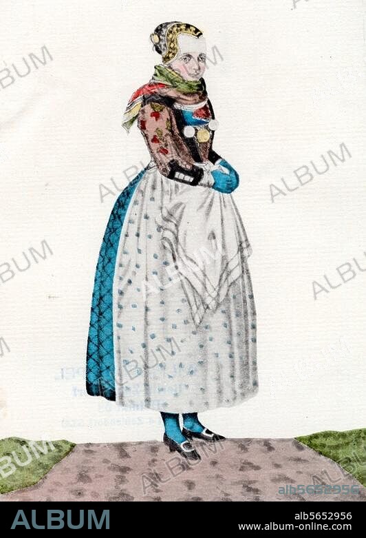 Volkskunde:. Trachten / Friesland. "Friesische Frau im Putz auf der Insel Föhr". Farbige Aquatinta, um 1820.