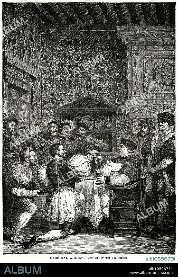 Cardinal Wolsey served by the Nobles, Illustration, Ridpath's History of the World, Volume III, by John Clark Ridpath, LL. D., Merrill & Baker Publishers, New York, 1897.