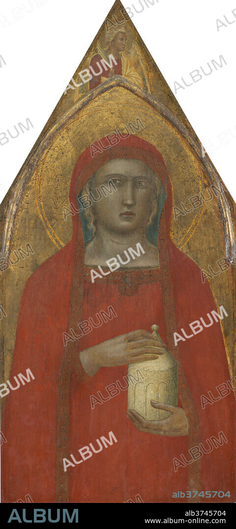 PIETRO LORENZETTI. Saint Mary Magdalene, with an Angel [left panel]. Dated: probably 1340. Dimensions: painted surface: 89.2 × 41 cm (35 1/8 × 16 1/8 in.)  overall: 92.1 × 44.1 cm (36 1/4 × 17 3/8 in.). Medium: tempera on panel transferred to canvas.