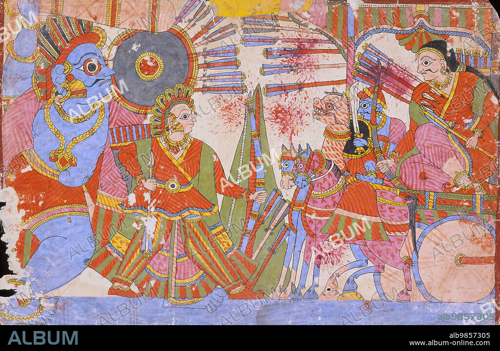 Vrishaketu and Bhima Fighting Yavanatha, Scene from the Story of Babhruvahana, Folio from a Mahabharata ([War of the] Great Bharatas), c1850.