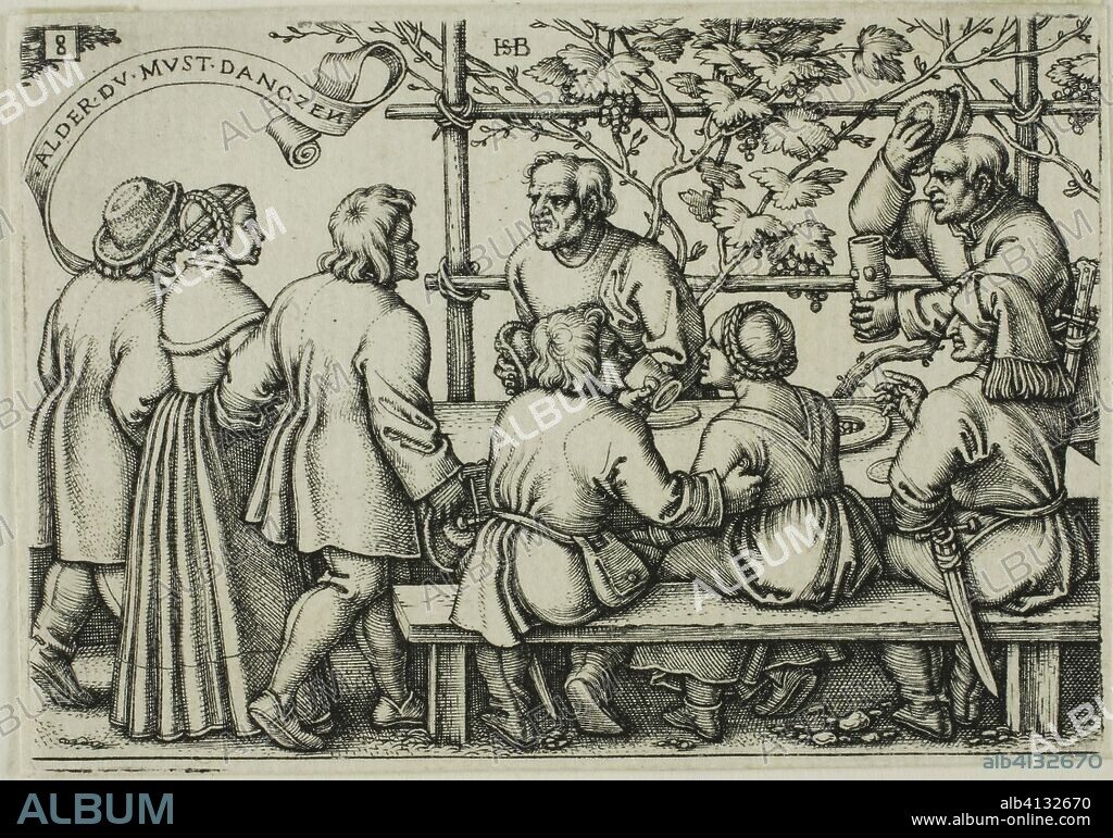 HANS SEBALD BEHAM. Peasants' Feast, plate 8 from the Peasants' Feast or the Twelve Months. Sebald Beham; German, 1500-1550. Date: 1546. Dimensions: 50 x 73 mm (image/plate); 52 x 74 mm (sheet). Engraving in black on ivory laid paper. Origin: Germany.