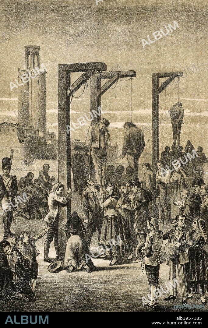 GUERRA DE LA INDEPENDENCIA (1808-1815). "MUERTE DEL CLERIGO JUAN GALLIFA EN EL CADALSO EL 2 DE JUNIO DE 1809 JUNTO AL PADRE POU AULET Y OTROS COMPAÑEROS EN BARCELONA, A MANOS DE LOS FRANCESES". Grabado de 1886.