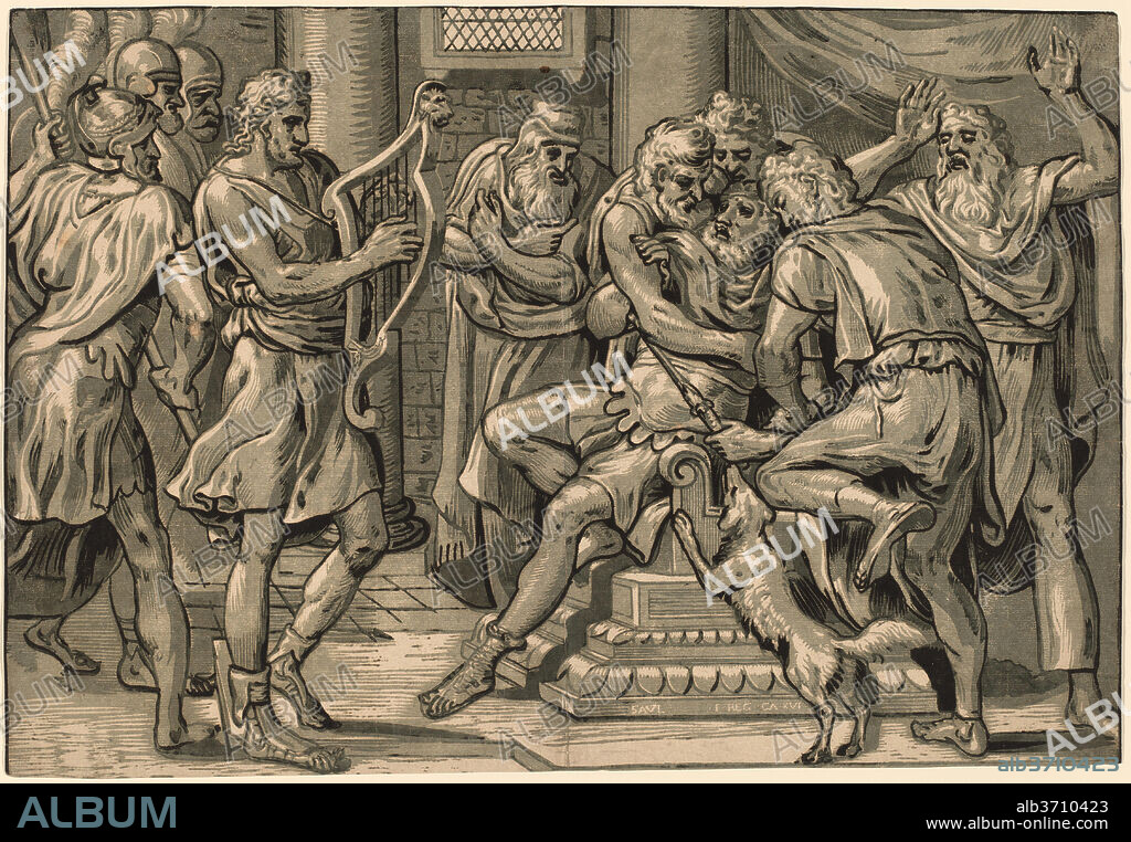 FRANS FLORIS I. David Playing the Harp before Saul. Dated: 1555. Dimensions: sheet: 33.1 x 48.1 cm (13 1/16 x 18 15/16 in.). Medium: chiaroscuro woodcut printed from 4 blocks: black line block and three tone blocks in shades of gray-green on laid paper.