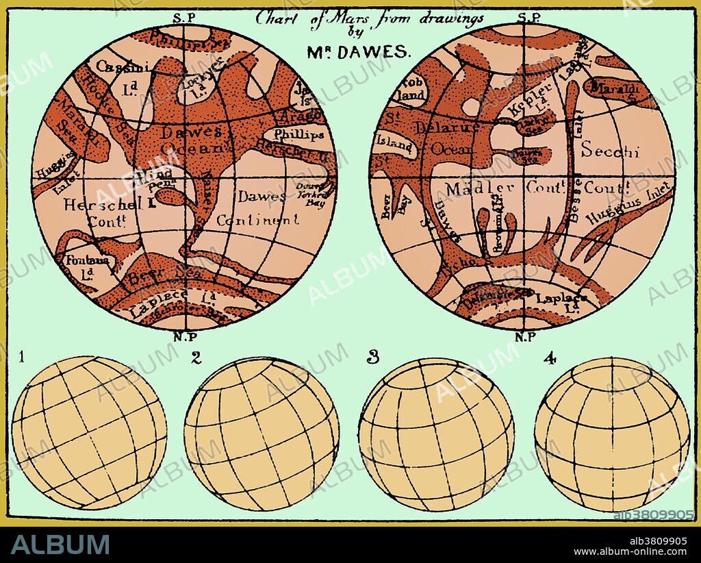 Mars Map, Stereographic Projection. Richard Anthony Proctor (March 23, 1837 - September 12, 1888) was an English astronomer. He is best remembered for having produced one of the earliest maps of Mars in 1867 from 27 drawings by the English observer William Rutter Dawes. Proctor earned a scholarship at St John's College, Cambridge. He graduated in 1860 as 23rd wrangler. He read for the bar, but turned to astronomy and authorship instead, and in 1865 published an article on the Colors of Double Stars. His first book Saturn and its System was published in the same year. The work contained an elaborate account of the phenomena presented by the planet, but although favorably received by astronomers, it had no great sale. He cultivated a more popular style and wrote for a number of periodicals. He became quite popular, and his numerous works had a wide influence in familiarizing the public with the main facts of astronomy. He became a regular contributor to The Intellectual Observer, Chambers Journal and the Popular Science Review. His largest and most ambitious work, Old and New Astronomy, left unfinished at his death, was completed by Arthur Cowper Ranyard and published in 1892. He settled in America some time after his second marriage in 1881, and died of yellow fever in 1888 at the age of 51. This image has been color enhanced.