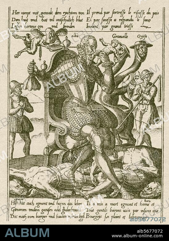 Alba, Fernando Alvarez de Toledo, third Duke of Alba; Spanish commander and statesman; Piedrahita 29.10.1507 - Lisbon 11.12.1582. Caricature on the Duke of Alba and his despotic rule as Spanish governor in the Netherlands (Inquisition, execution of Egmont and Hoorn). After copper engraving, contemporary.