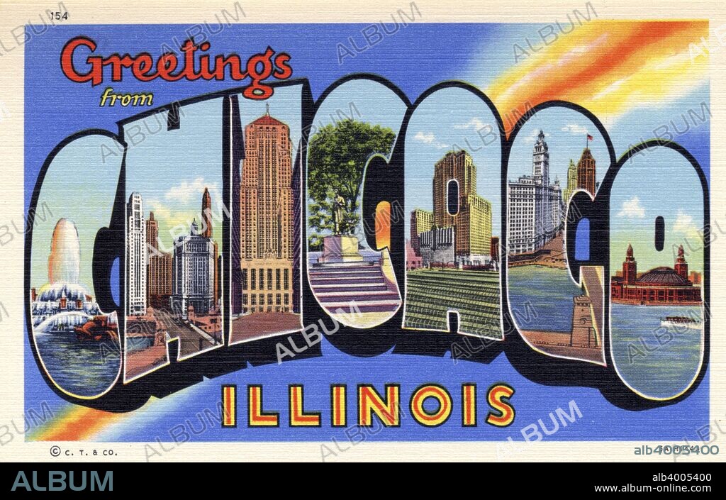 'Greetings from Chicago, Illinois', postcard, 1935. Large letter postcard of Chicago with views of the city in each letter.