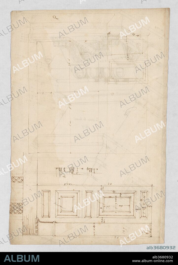 Pantheon, door elevation and details (recto) Pantheon, pilaster capital profile and projected elevation, column diagram, bronze door detail (verso). Dimensions: sheet: 16 5/8 x 11 13/16 in. (42.3 x 30 cm). Draftsman: Drawn by Anonymous, French, 16th century. Series/Portfolio: Goldschmidt Scrapbook. Date: early to mid-16th century.