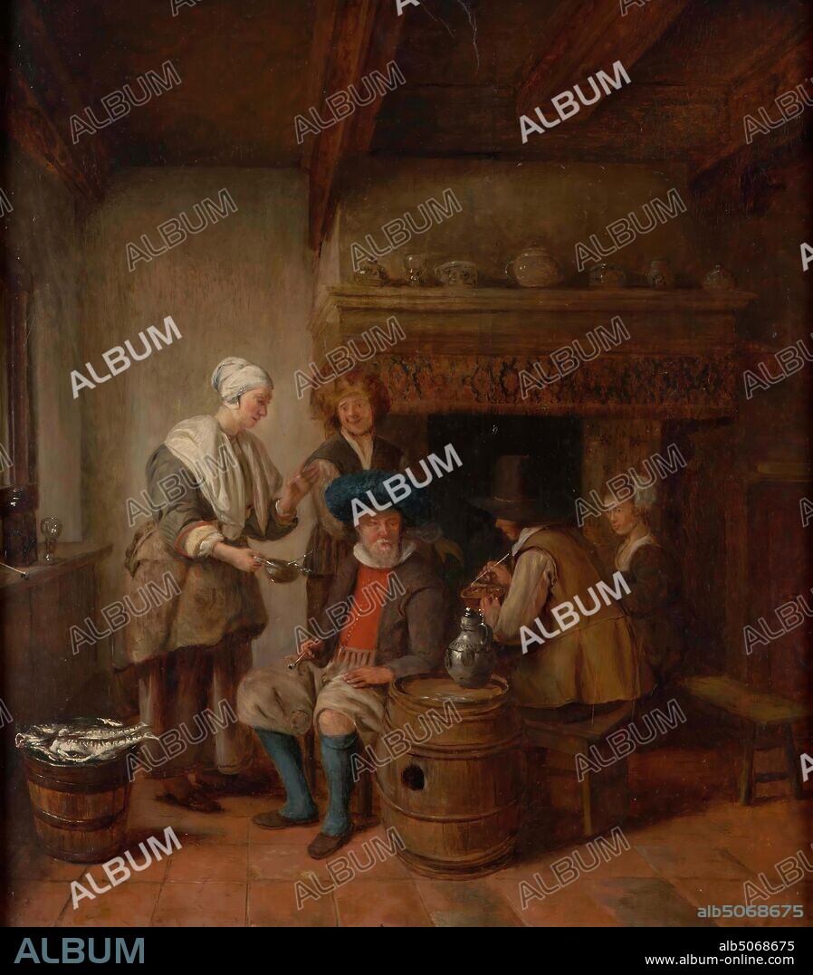 painting, Hendrick van der Burgh, 17th century, Signature front, right, above the bench: h. van burch, panel, oil paint, painted, Carrier: 39.8 × 35.2 × 0.7cm 398 × 352 × 7mm, With frame: 50.7 × 46.5 × 3.7cm 507 × 465 × 37mm, fisherman, woman, genre, man, interior, Painting depicting a house interior with various people. In a simple room with heavy beams and a wide chimney against the back wall, with some dishes, there are three men and two women. In the middle, an old fisherman is used to the left, the left elbow resting on a barrel with a jug. He is holding a pipe in the right hand and is wearing a short gray beard. He is dressed in a wide blue cap, a red tube, with a gray jacket and white collar, wide gray trousers and blue stockings. On the left, almost completely turned to the right, is a young woman holding a small bowl. Behind the old man stands a young man standing straight forward, stretching his left hand to the fire. He is wearing a brown fur hat. In the middle in front of the fireplace sits a bench and used to the left a second young man, who lights his pipe in a test with charcoal. He is wearing a big black hat and brown tube. On the long right and center, a young woman is sitting on a long sofa, who, like the other woman, wears a white cap and collar. To the left of the window a kitchen counter with a bottle, glass and pipe, and in the foreground a wooden bucket with large fish. Signed on the right. The painting is in a black-painted wooden frame. On the back of the painting is written in 17th or 18th century script C.C. with a red wax seal, 1926.