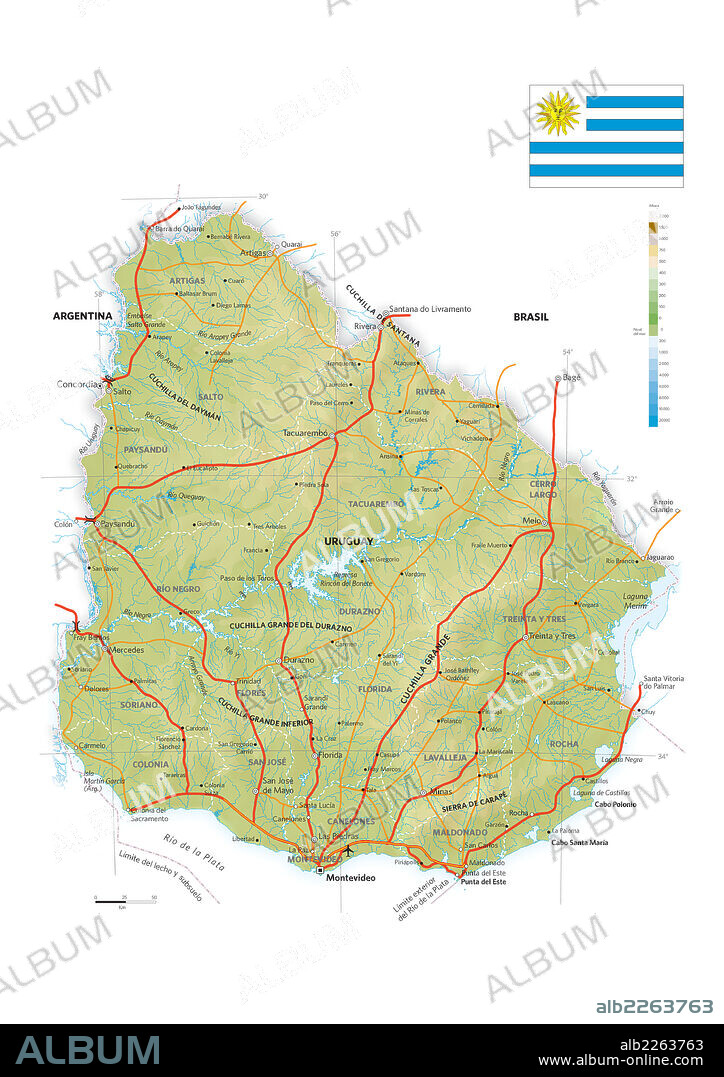 URUGUAY. Physical and political map of Uruguay.