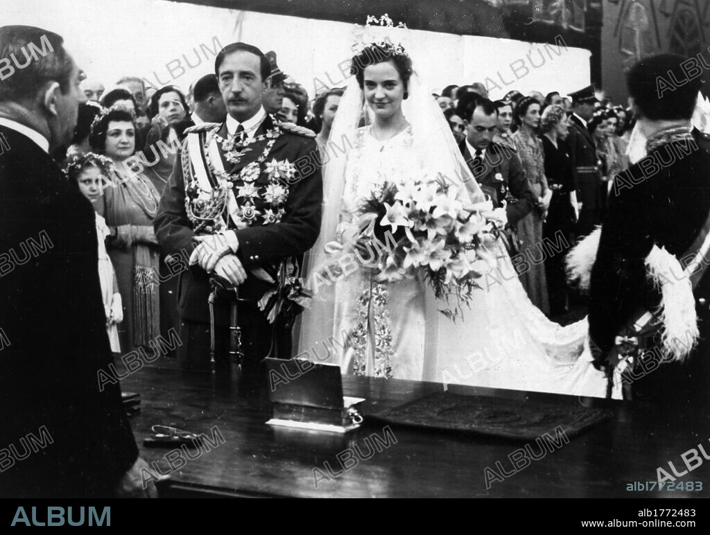 King Zog I of Albania with his wife . The wedding of King Zog I of Albania to Countess Geraldine Apponyi of Nagyappony. Tirana, 27th April 1938.