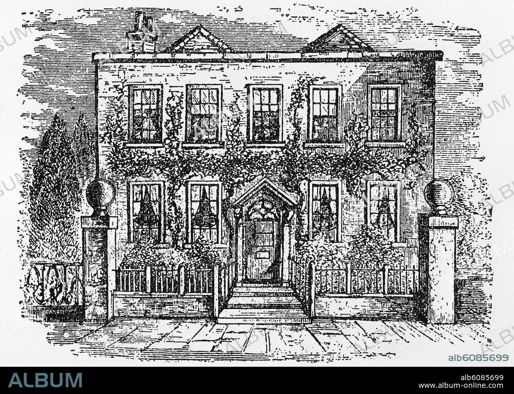 ANONYMOUS. Re: Poe, Edgar Allan American writer, 1809 - 1849.- Stoke Newington, London (England), Manor House School (Poe went to the school between 1817 and 1820.- - Exterior view.- Woodcut, 19th century.- Paris, Bibliothèque Nationale.