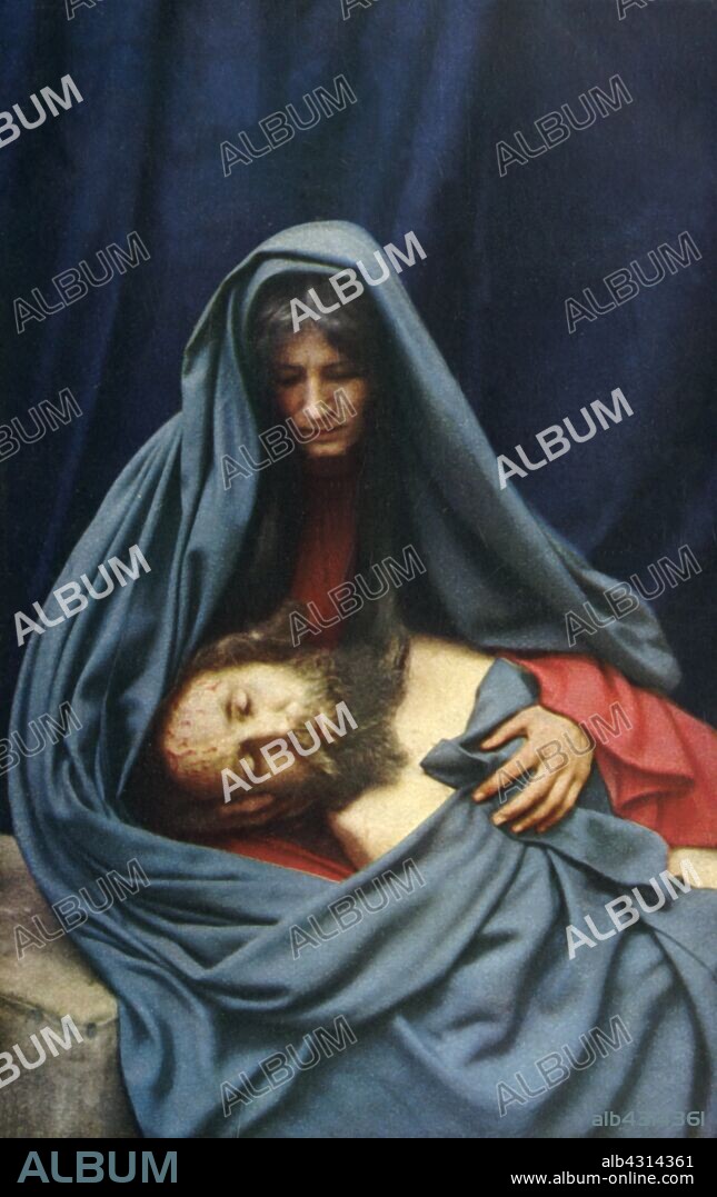HENRY TRAUT. 'Pietà', 1922. The Virgin Mary (Martha Veit) with the dead Christ (Anton Lang): players in the Oberammergau Passion Play. The play is performed every 10 years, on open-air stages, by the inhabitants of the village of Oberammergau in Bavaria, Germany. First staged in 1634, the play tells the story of Jesus' passion, culminating in his crucifixion. The event has become a tourist attraction, with audiences coming from all over the world. Official postcard of the 1922 Oberammergau Passion Play. [F. Bruckmann, Munich, Germany, 1922].