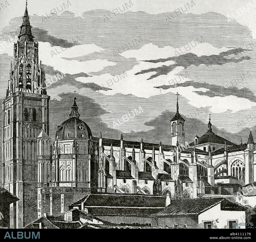 España. Toledo. Catedral de Santa María. Vista lateral. Dibujo por Soriano. Grabado. Crónica General de España, Historia Ilustrada y Descriptiva de sus Provincias. Castilla-La Nueva, 1869. Biblioteca Histórico Militar de Barcelona, Cataluña, España.