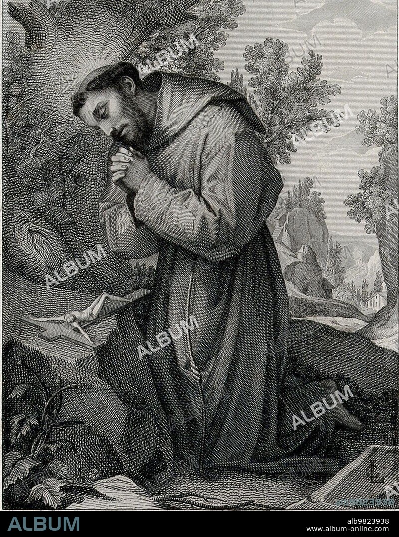 St. Francis of Assisi, Giovanni di Pietro di Bernardone, 1181 or 1182 to 3 October 1226, the founder of the Order of Friars Minor, Ordo fratrum minorum, Franciscans, St. Francis of Assisi in the Wilderness, kneeling in front of a crucifix. Engraving by A. Calzi after Pompignoli after L. Cardi da Cigoli. Painted 1720 1780, Historical, digitally restored reproduction from a 19th century original
