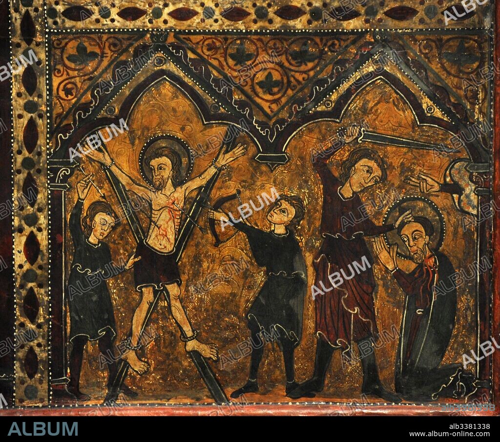 Master of Soriguerola. Altar frontal of Saint Christopher, 14th century. Detail depicting the saint's martyrdom with arrows and his death by beheading. Gothic. From the Parish Church of Sant Cristofol de Toses, Catalonia. National Art Museum of Catalonia. Barcelona. Catalonia. Spain.
