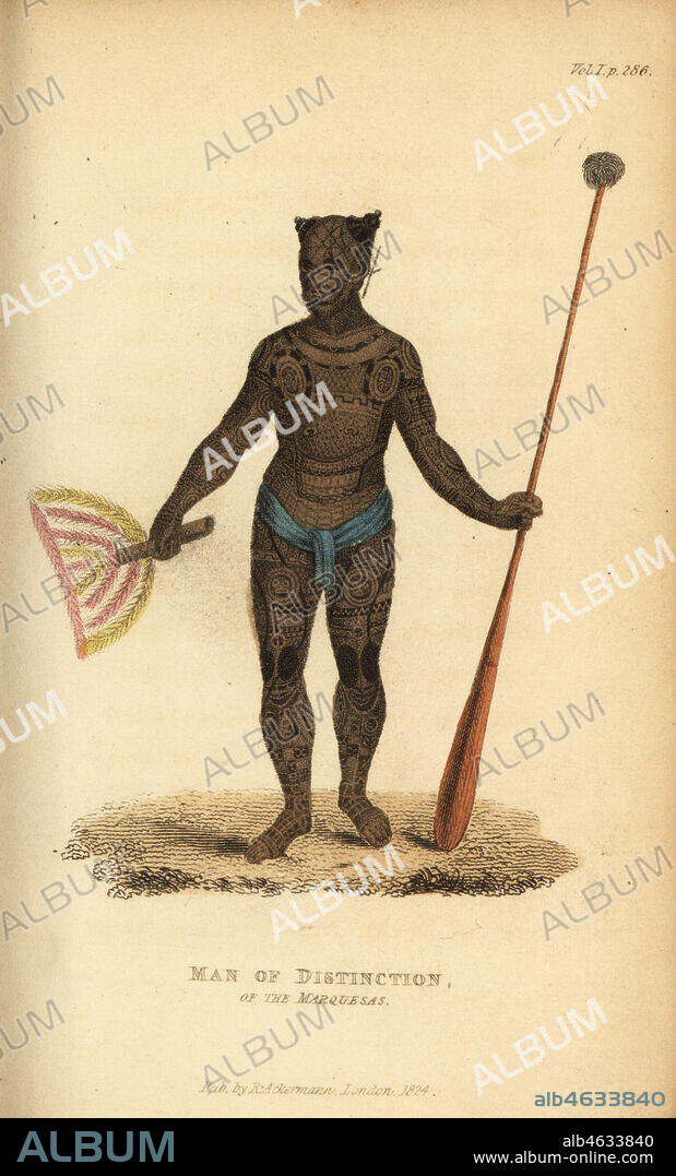 Native man of distinction from Nuku Hiva, Marquesas Islands, with club, fan, loincloth and full body tattoos. Handcoloured stipple engraving from Frederic Shoberl's The World in Miniature, The South Sea Islands, Ackermann, 1824. After an illustration by Wilhelm Tilesius from Adam Krusenstern's Voyage, 1813.
