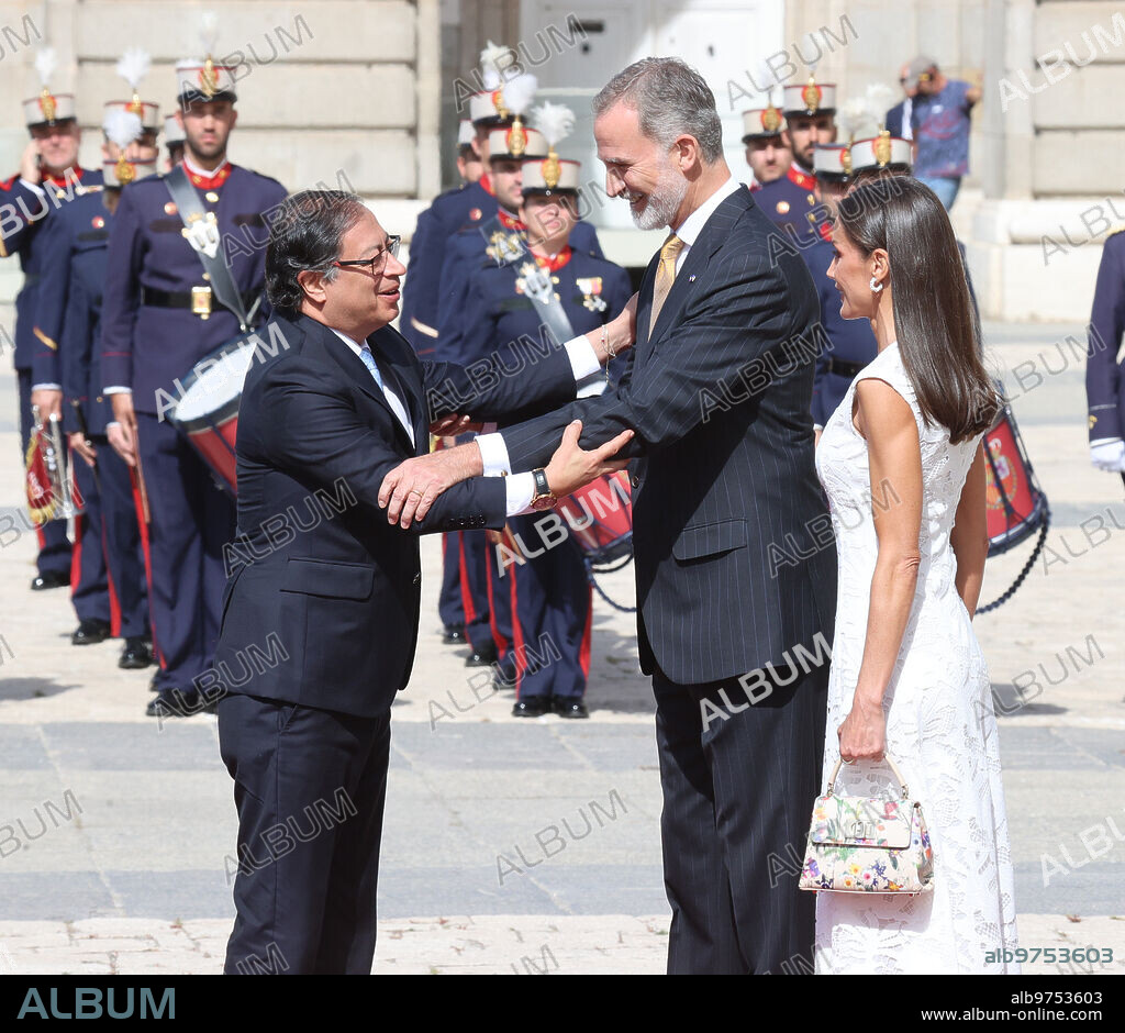 Madrid, 05/03/2023. State visit of the President of the Republic of Colombia, Gustavo Petro and the first lady, Mrs. Verónica Alcocer. Arrival reception by SS. MM. King Felipe VI and Queen Letizia in the Royal Palace, with the presence of Pedro Sánchez and Meritxell Batet, among other authorities. Photo: Jaime García. ARCHDC.