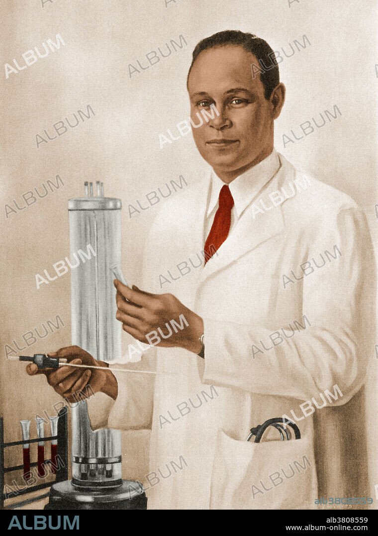 Charles Richard Drew (1904-1950), African-American physician, surgeon and medical researcher. Drew improved techniques for blood storage and blood transfusion, which helped save many lives during World War II. He was the first black surgeon to serve as an examiner on the American Board of Surgery. Painting by Betsy Graves Reyneau.