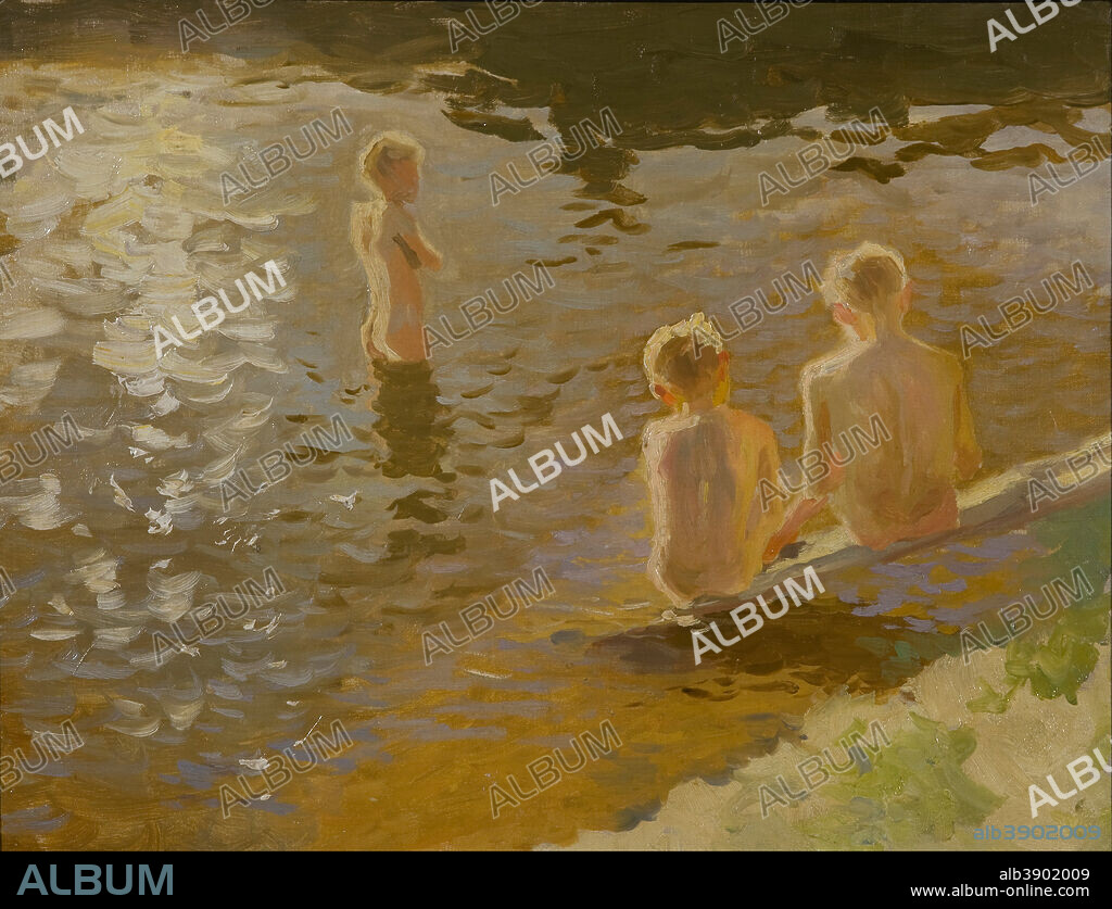 JOHANN WALTER-KURAU. Boys Bathing. Date/Period: 1900. Painting. Oil on panel. Height: 36 cm (14.1 in); Width: 45 cm (17.7 in).