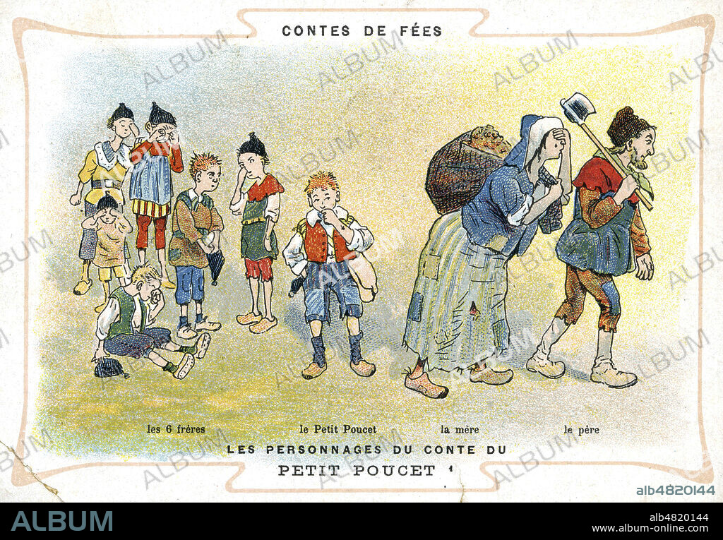 'Les personnages du conte du Petit Poucet : les 6 freres. Le Petit poucet. La mere. Le pere'. Chromo vers 1900, serie sur les contes de fees. Credit : Collection KHARBINE-TAPABOR.